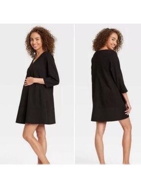 Hatch The Nines Maternity Dress Black V Neck Ponte Knit A-Line Mini M